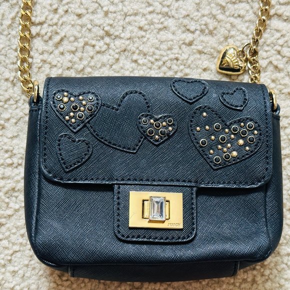 Limited Edition Y2K Juicy Couture Black Leather Hearts Gold Chain Crossbody Bag - Picture 4 of 16